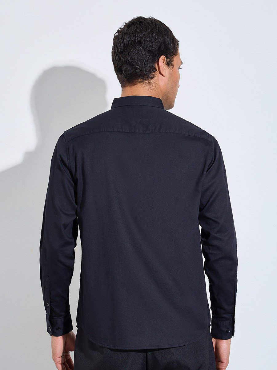 Black Solid Textured Regular Fit Shirt