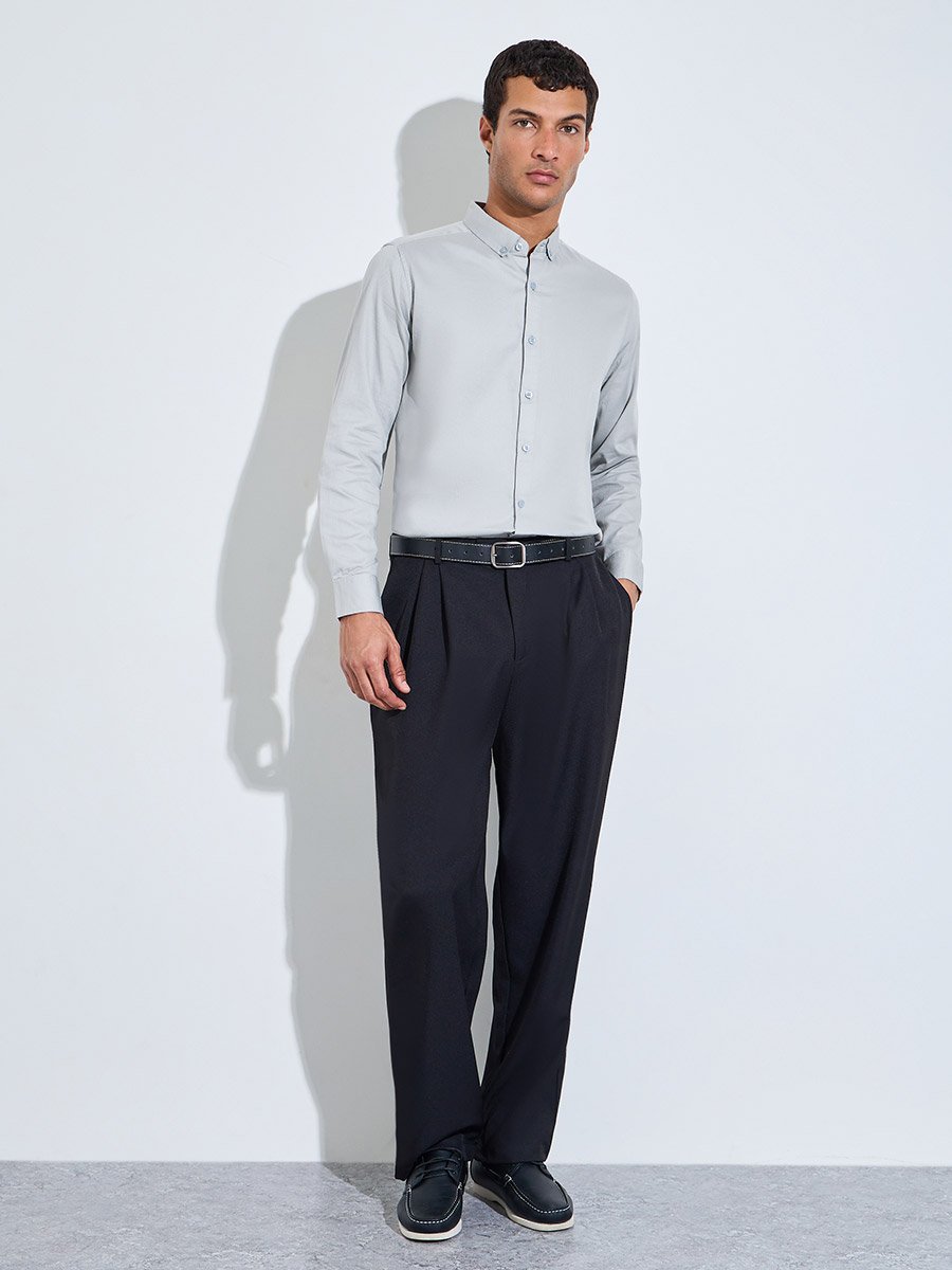 Grey Solid Textured Regular Fit Shirt
