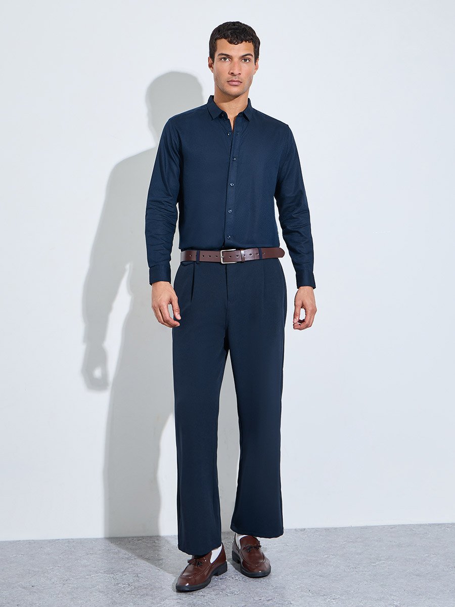 Navy Blue Solid Textured Regular Fit Shirt