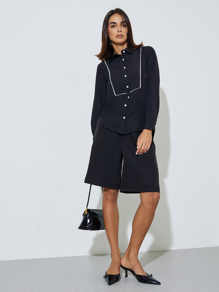 Black Long Sleeve Shirt with Piping Detail
