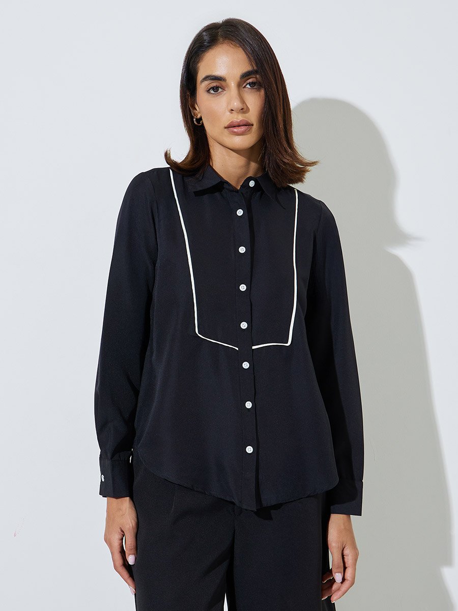 Black Long Sleeve Shirt with Piping Detail