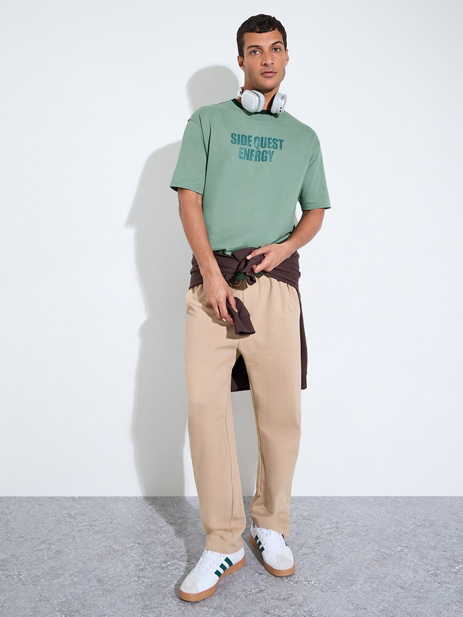 Men Green Oversized Front Print Ringer Terry T-Shirt