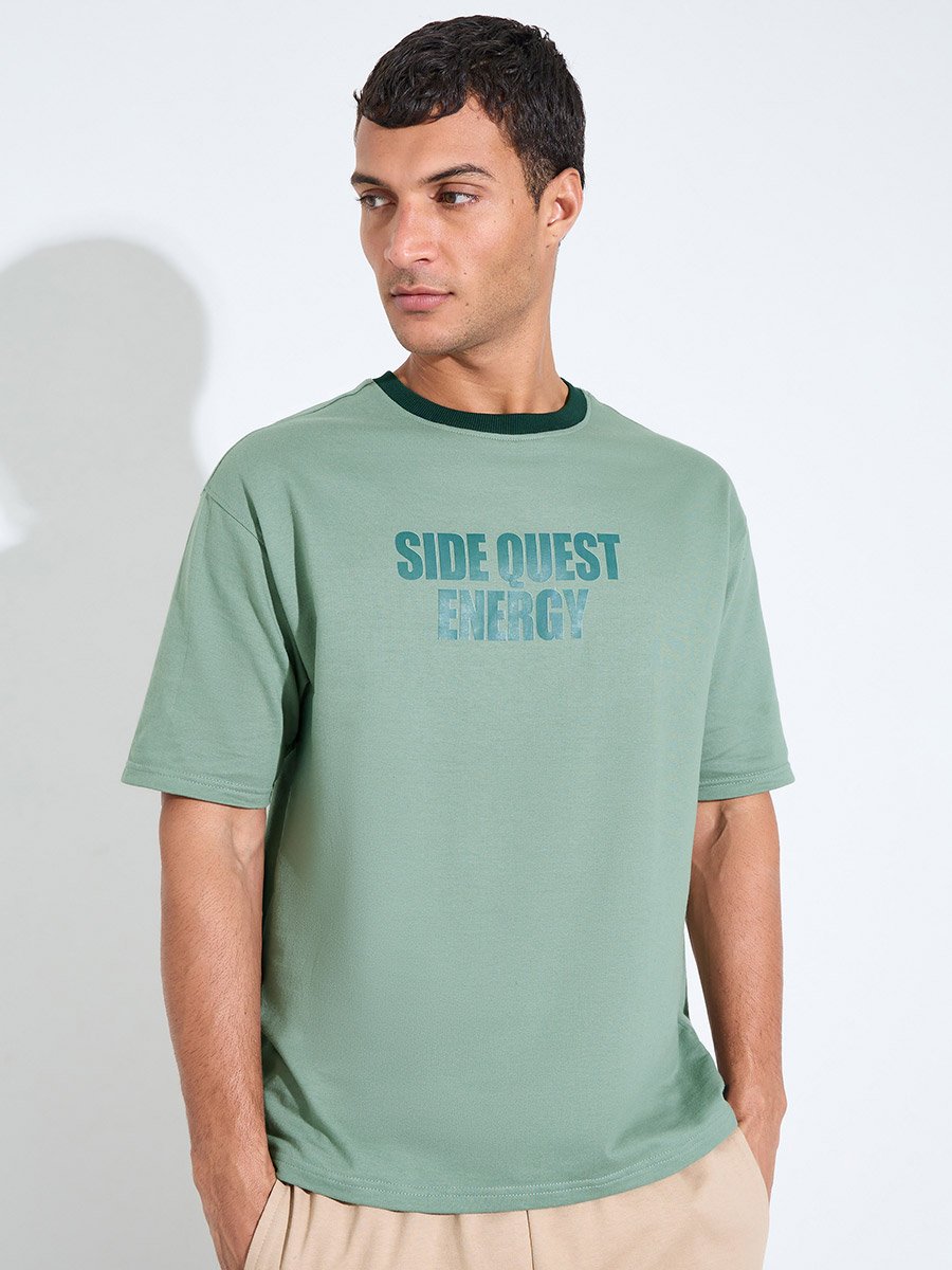 Men Green Oversized Front Print Ringer Terry T-Shirt