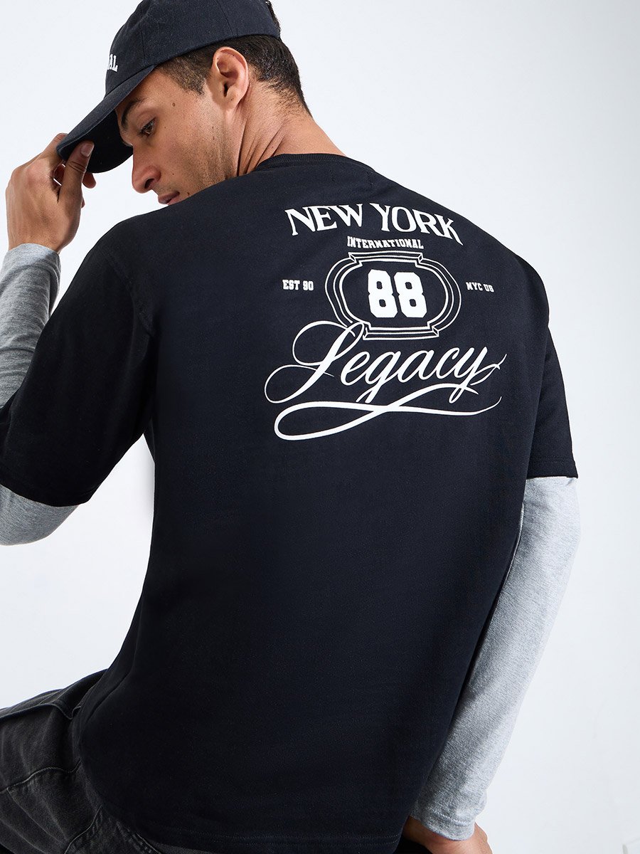 Black Graphic Print Crew Neck Oversized T-Shirt