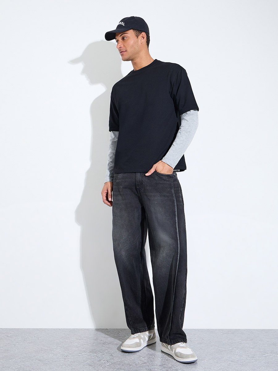 Black Graphic Print Crew Neck Oversized T-Shirt