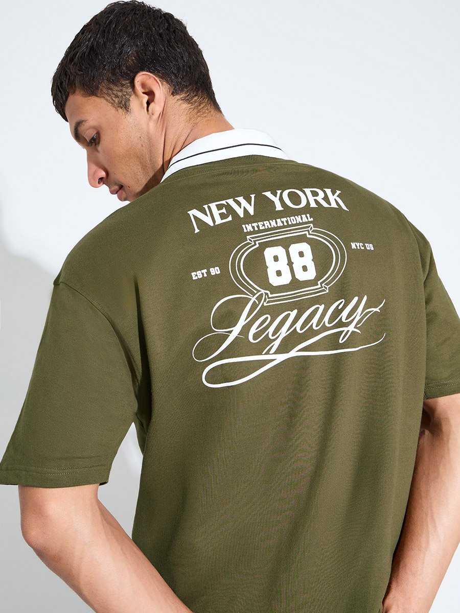 Olive Graphic Print Crew Neck Oversized T-Shirt