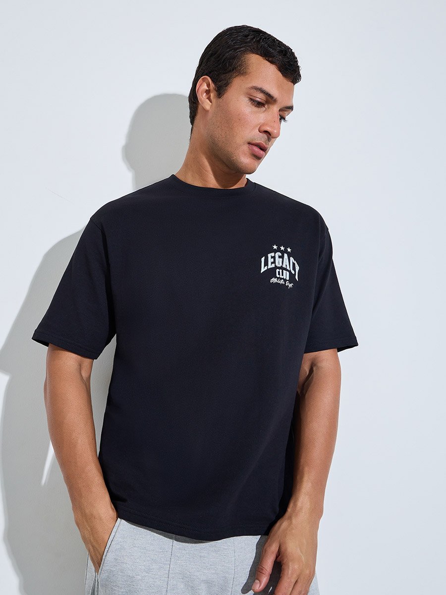 Men Black Oversized Typographic Print Terry T-Shirt