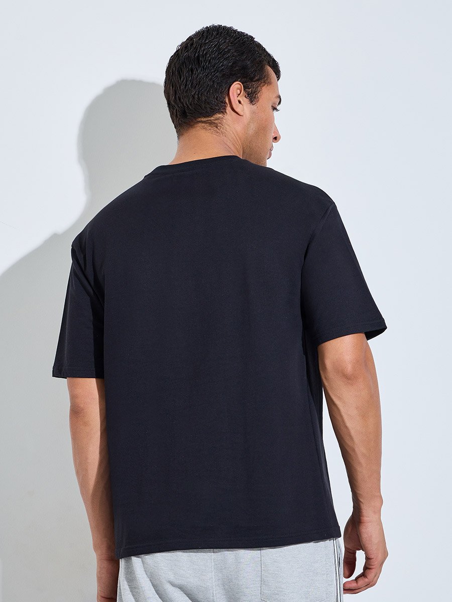 Men Black Oversized Typographic Print Terry T-Shirt