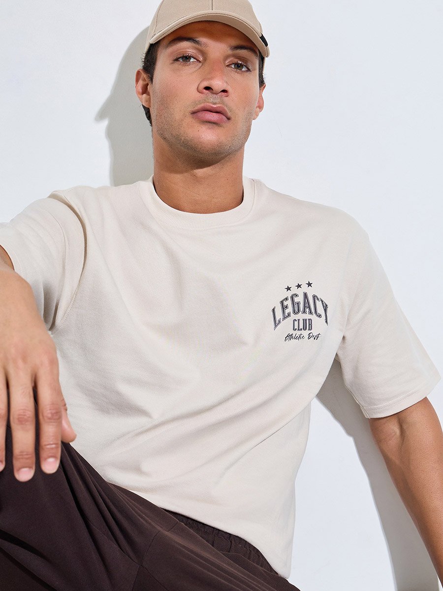 Men Beige Oversized Typographic Print Terry T-Shirt