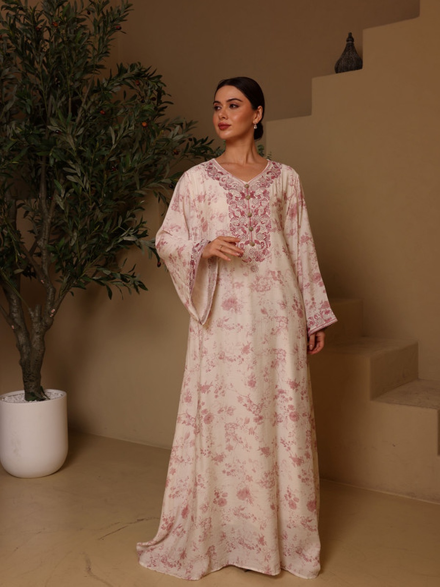 Shaden Floral Print Flared Sleeve Jalabiya