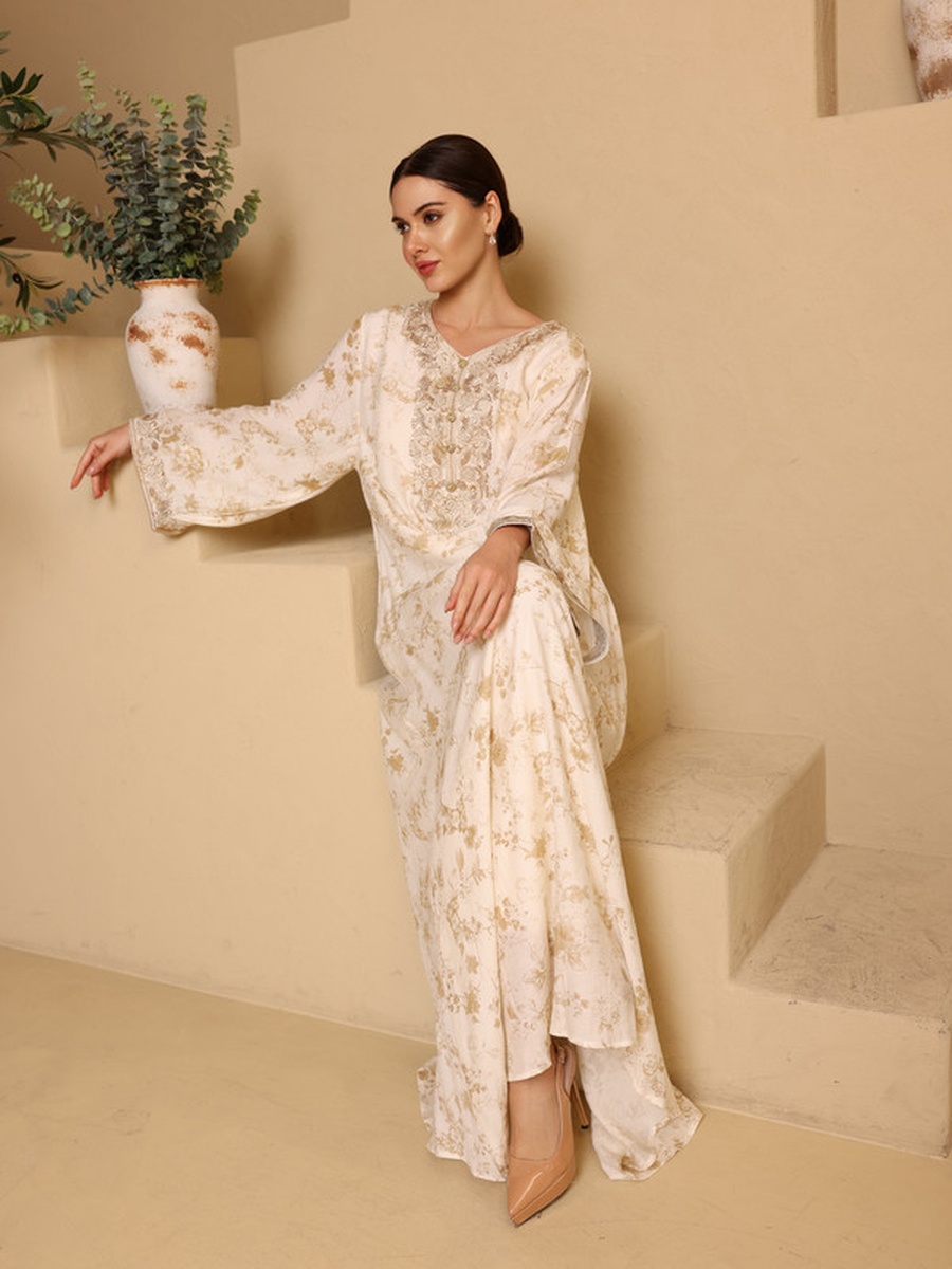 Shaden Floral Print Flared Sleeve Jalabiya