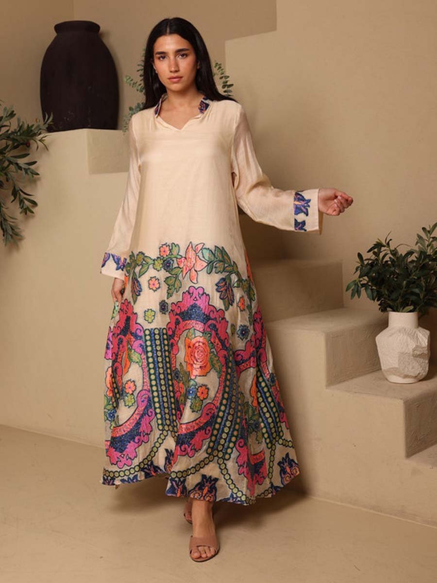 Beige V Neck Floral Pattern Jalabiya