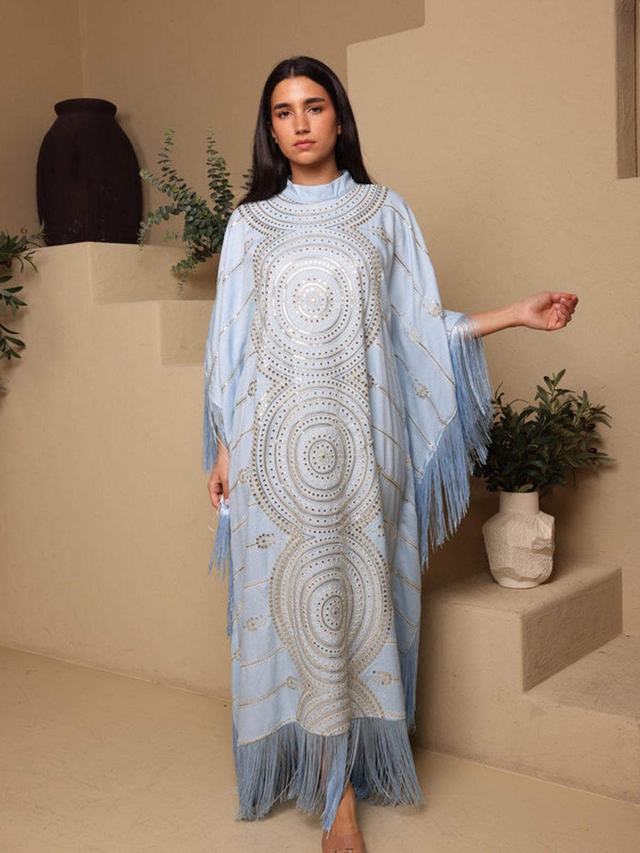 Shimmering Diamond Pattern Jalabiya with Fringes