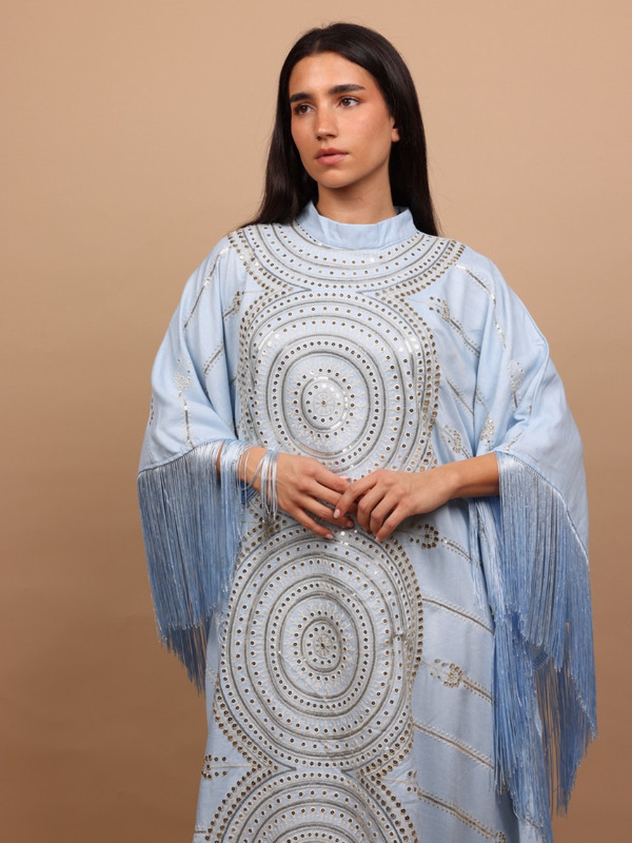 Shimmering Diamond Pattern Jalabiya with Fringes