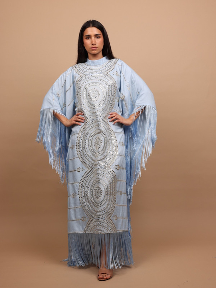 Shimmering Diamond Pattern Jalabiya with Fringes