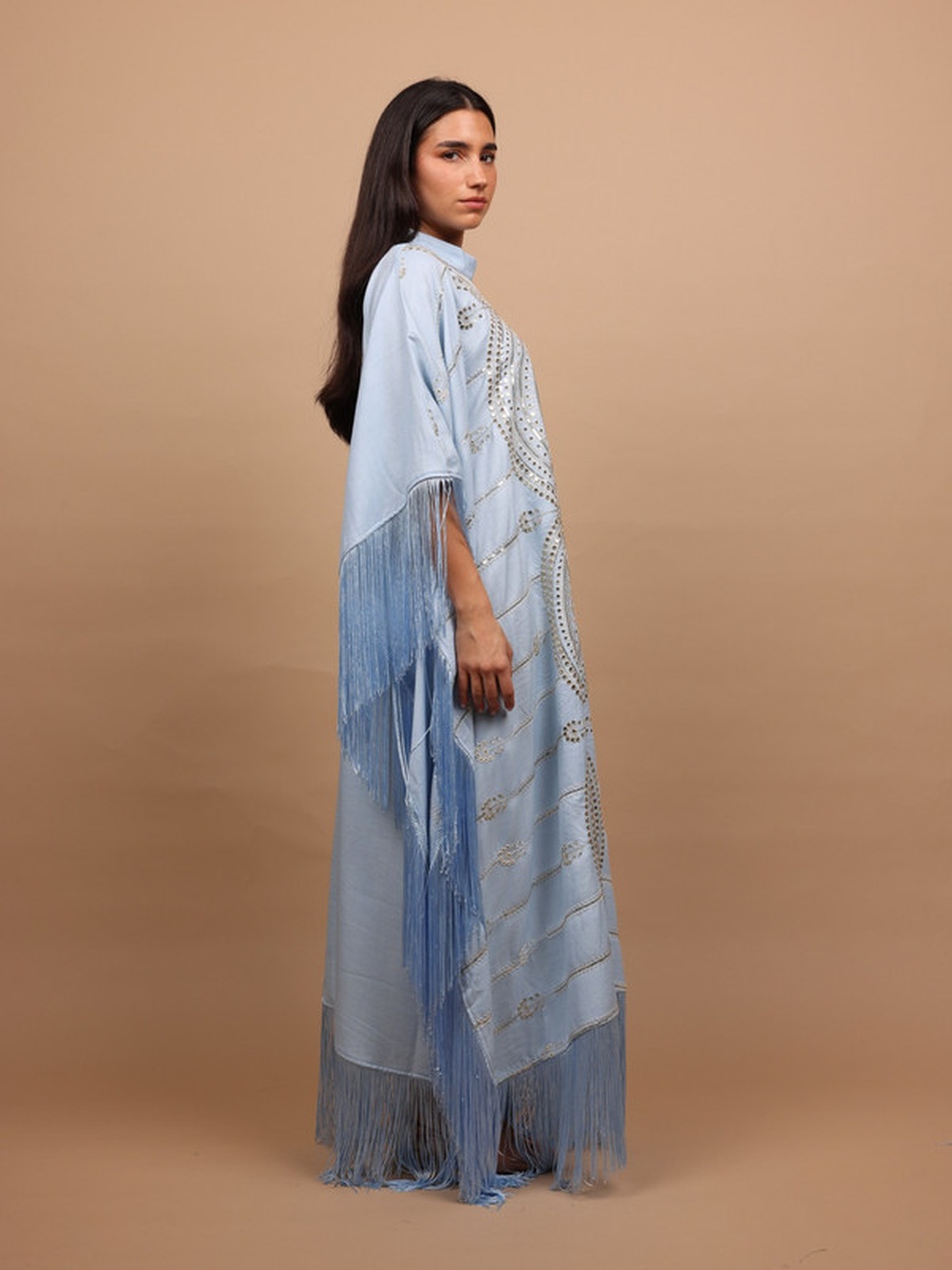 Shimmering Diamond Pattern Jalabiya with Fringes