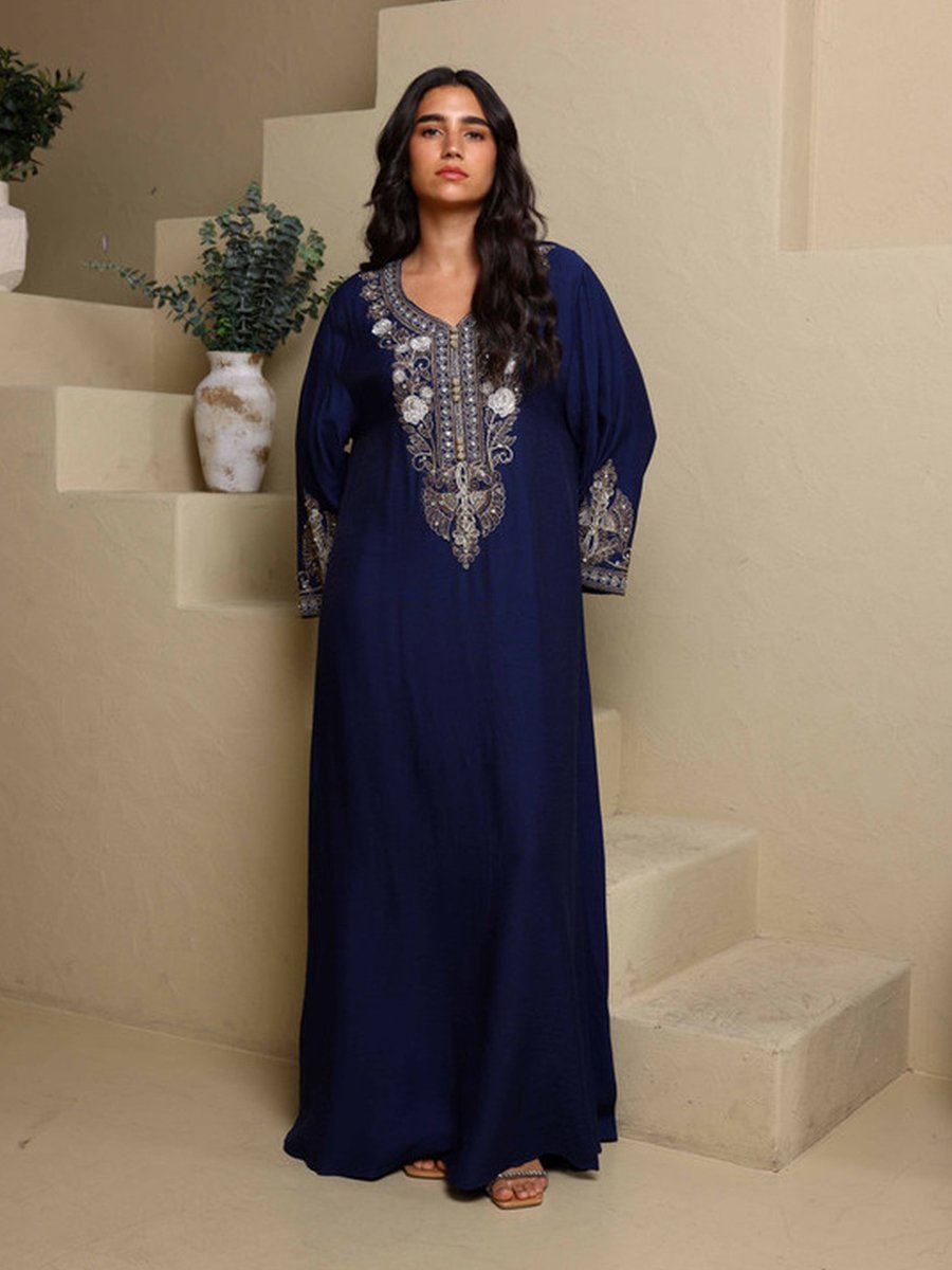 Qasr Floral Studded Flared Sleeve Jalabiya