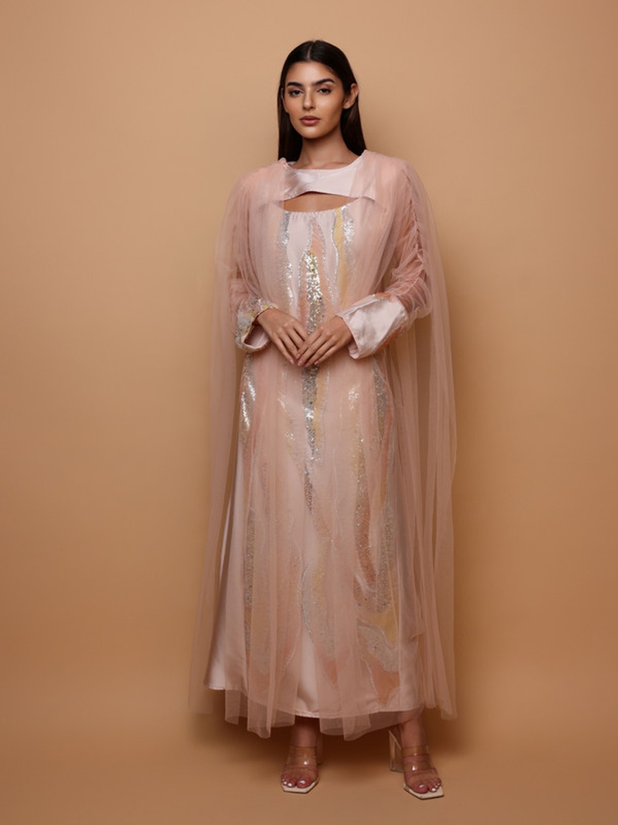 Malak Sequined Mesh Cape Sleeve Jalabiya