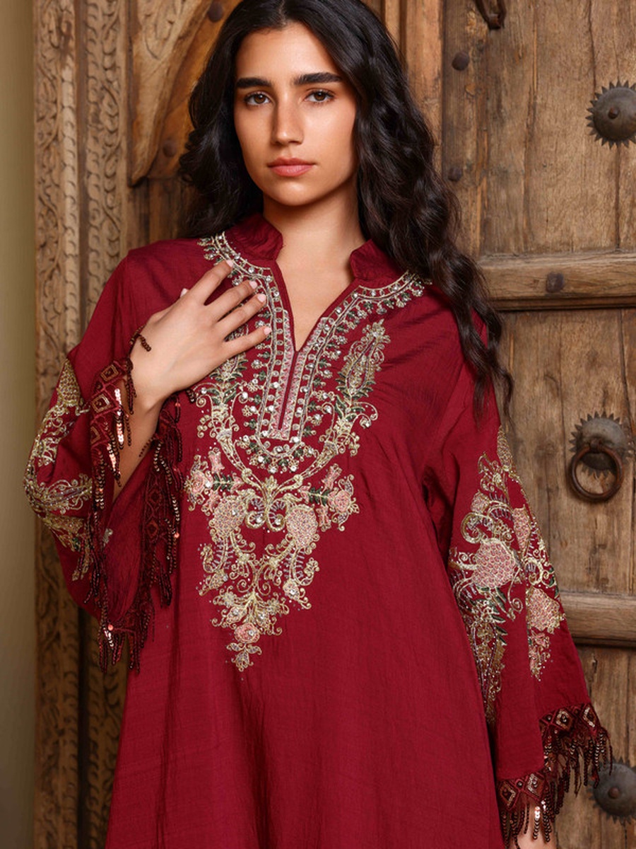 Amirah Embroidered Jalabiya with Beaded Fringe