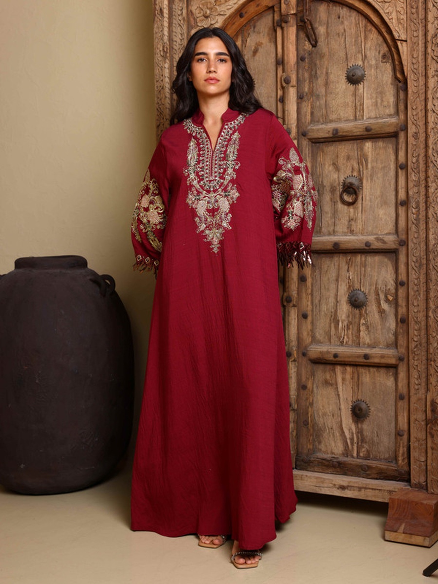 Amirah Embroidered Jalabiya with Beaded Fringe