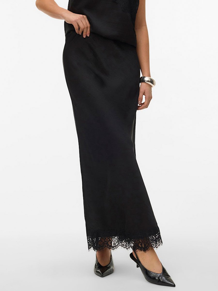 Black Julia Solid High Rise Maxi Skirt with Lace Detail
