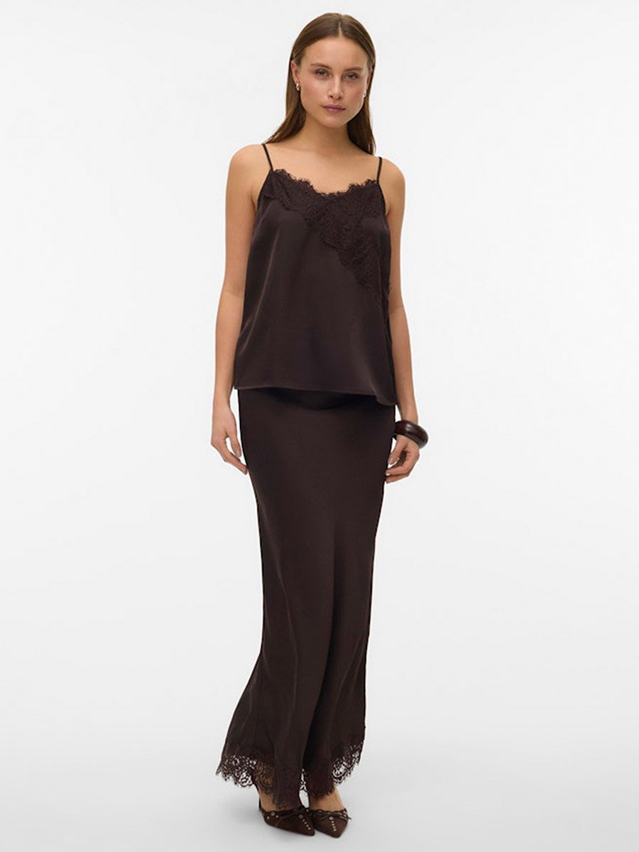Brown Julia Solid High Rise Maxi Skirt with Lace Detail