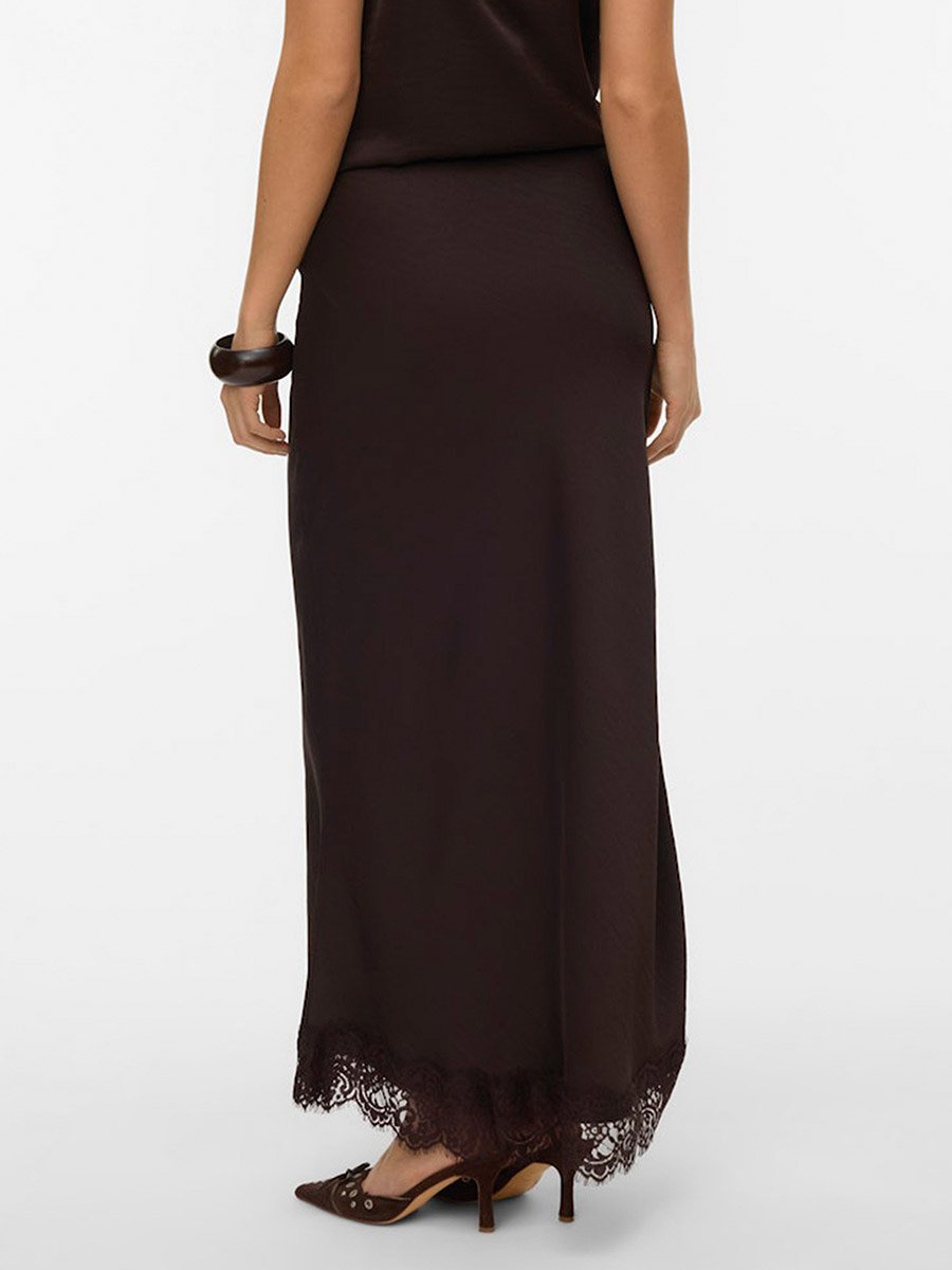 Brown Julia Solid High Rise Maxi Skirt with Lace Detail