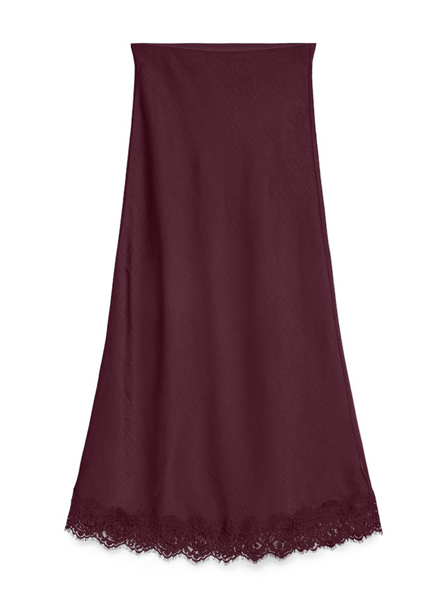 Burngundy Julia Solid High Rise Maxi Skirt with Lace Detail