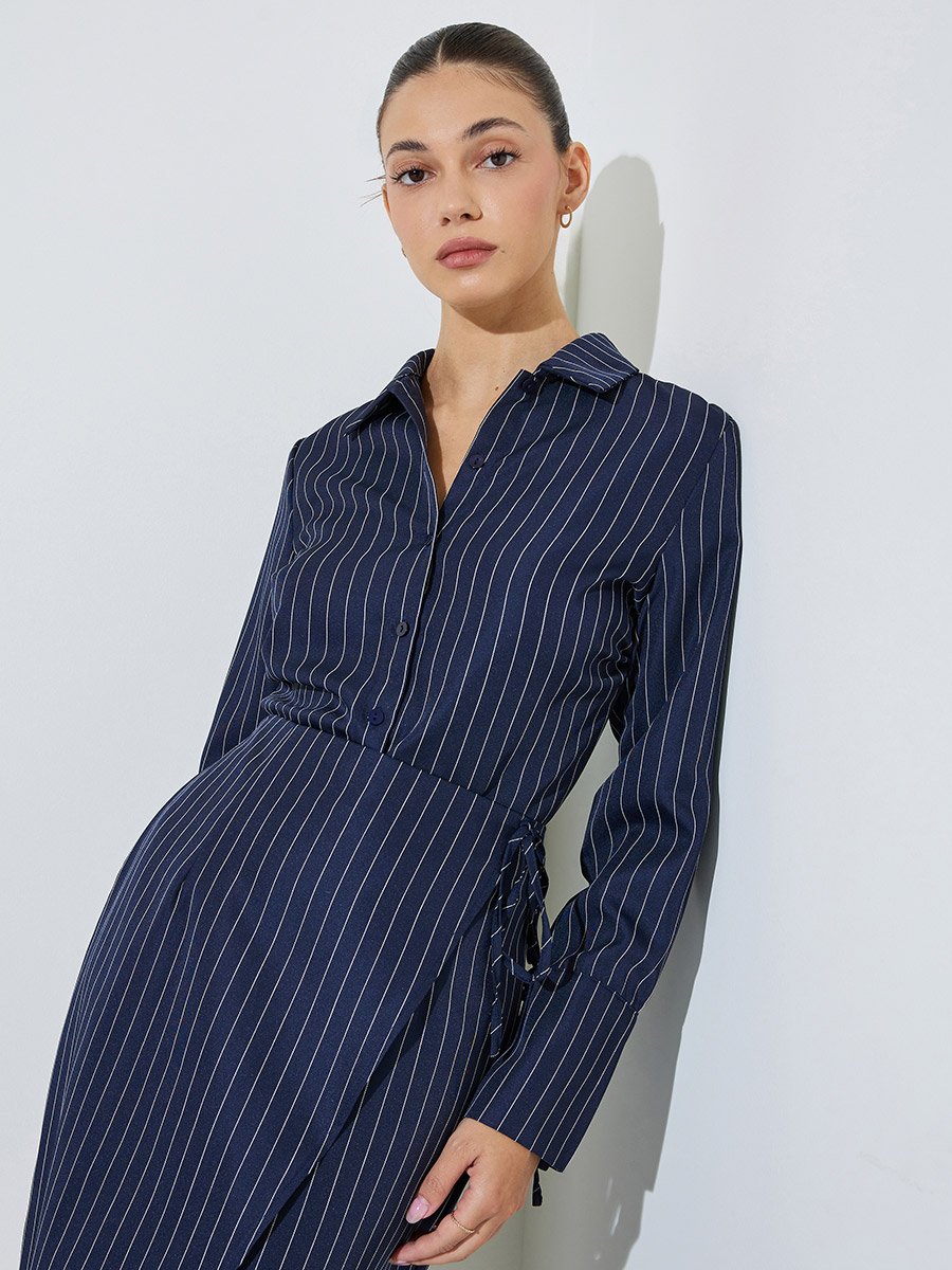 Navy Blue Pinstripe Fitted Shirt