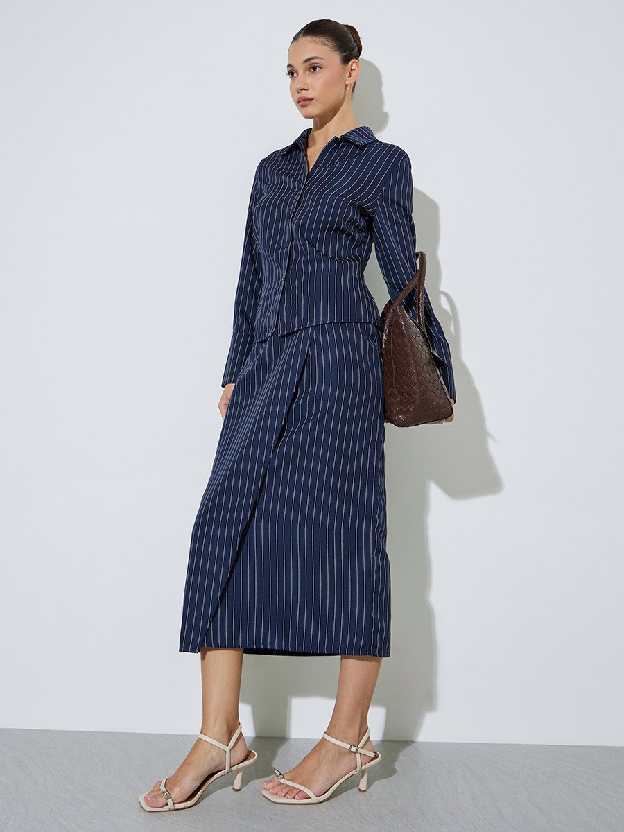 Navy Blue Pinstripe Fitted Shirt
