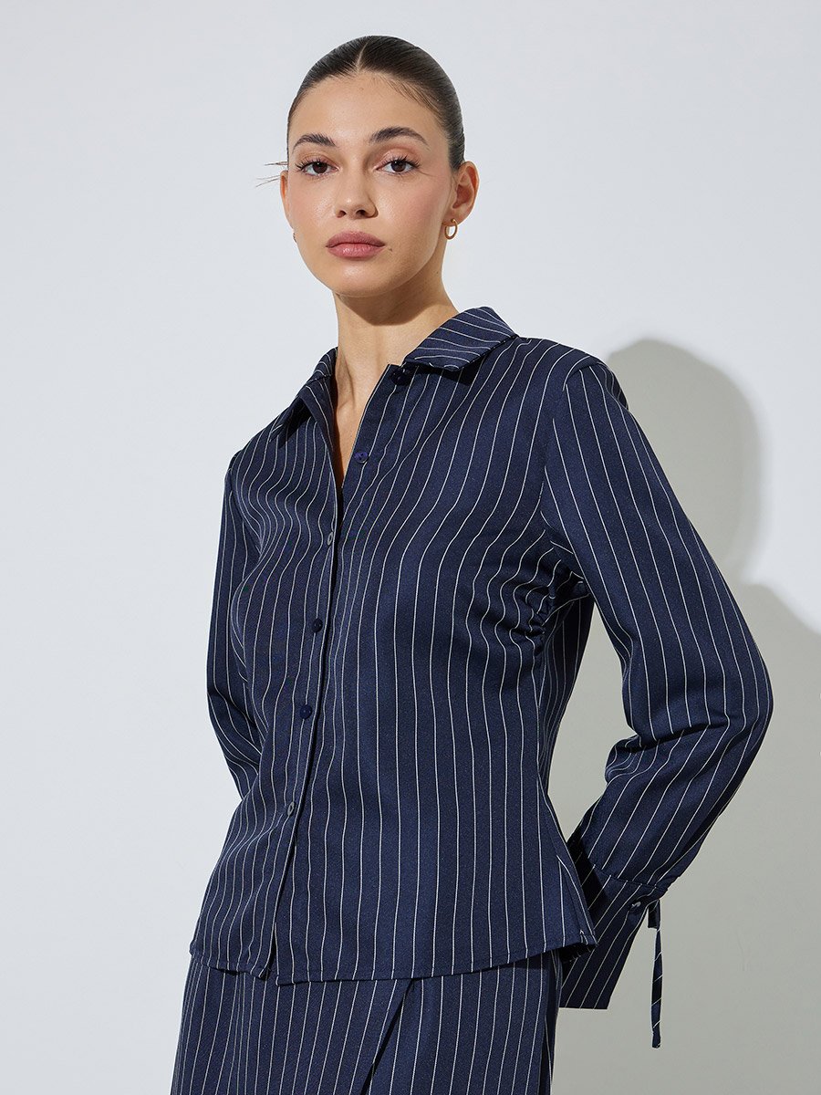 Navy Blue Pinstripe Fitted Shirt