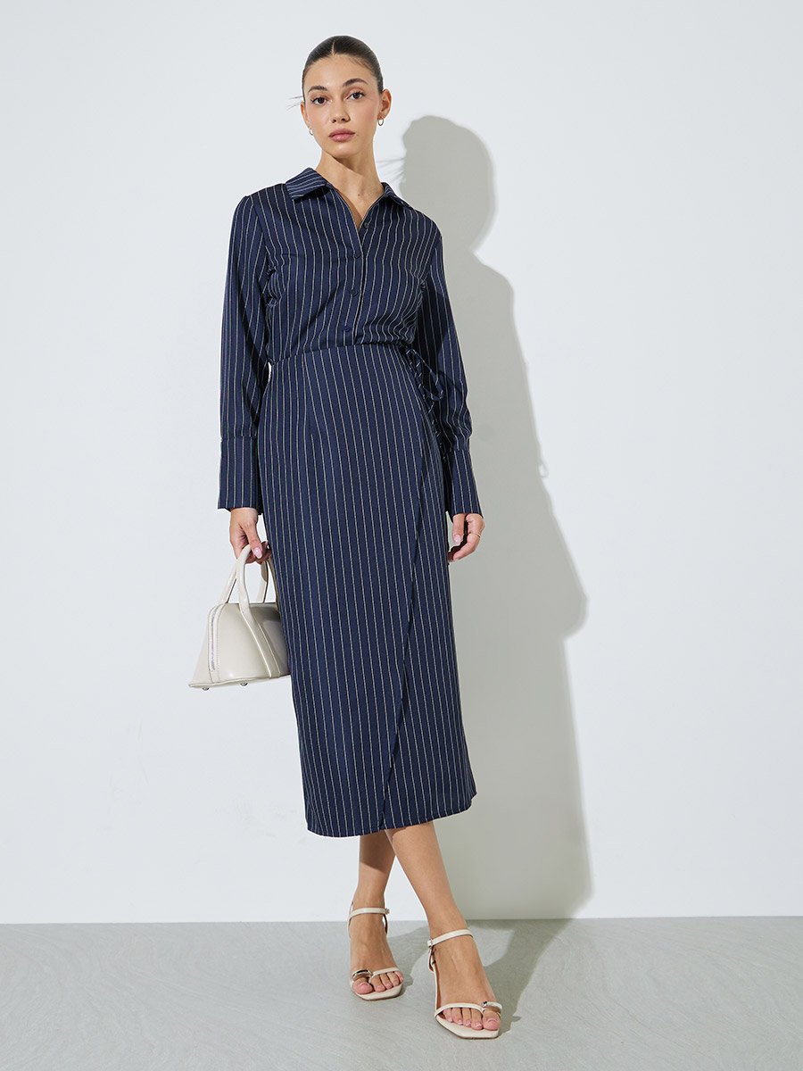 Navy Blue Pinstripe Fitted Shirt