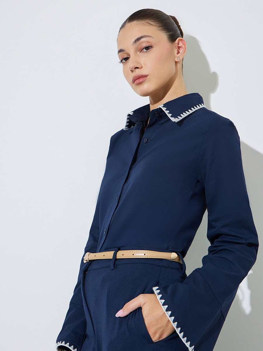Navy Blue Cotton Fitted Shirt with Contrast Embroidery