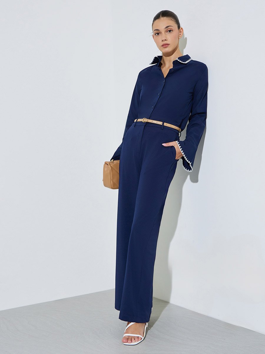 Navy Blue Cotton Fitted Shirt with Contrast Embroidery