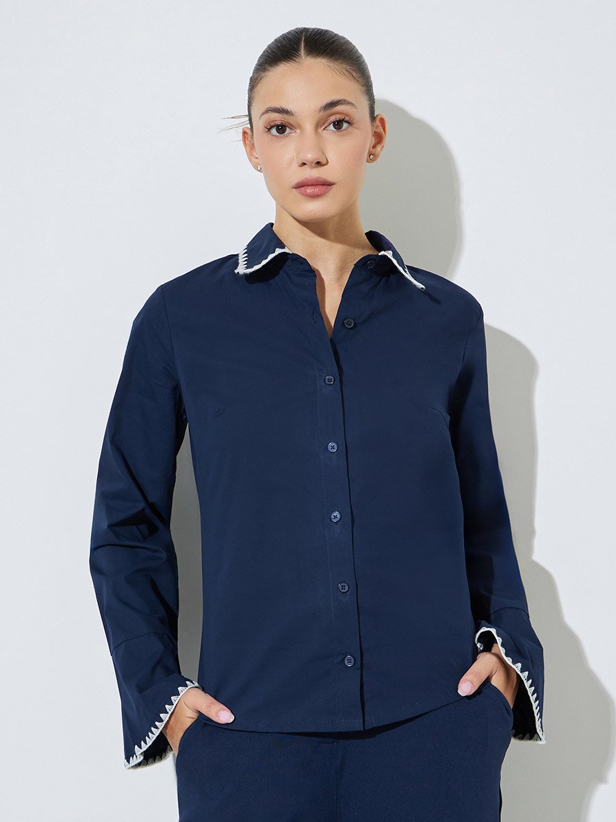 Navy Blue Cotton Fitted Shirt with Contrast Embroidery