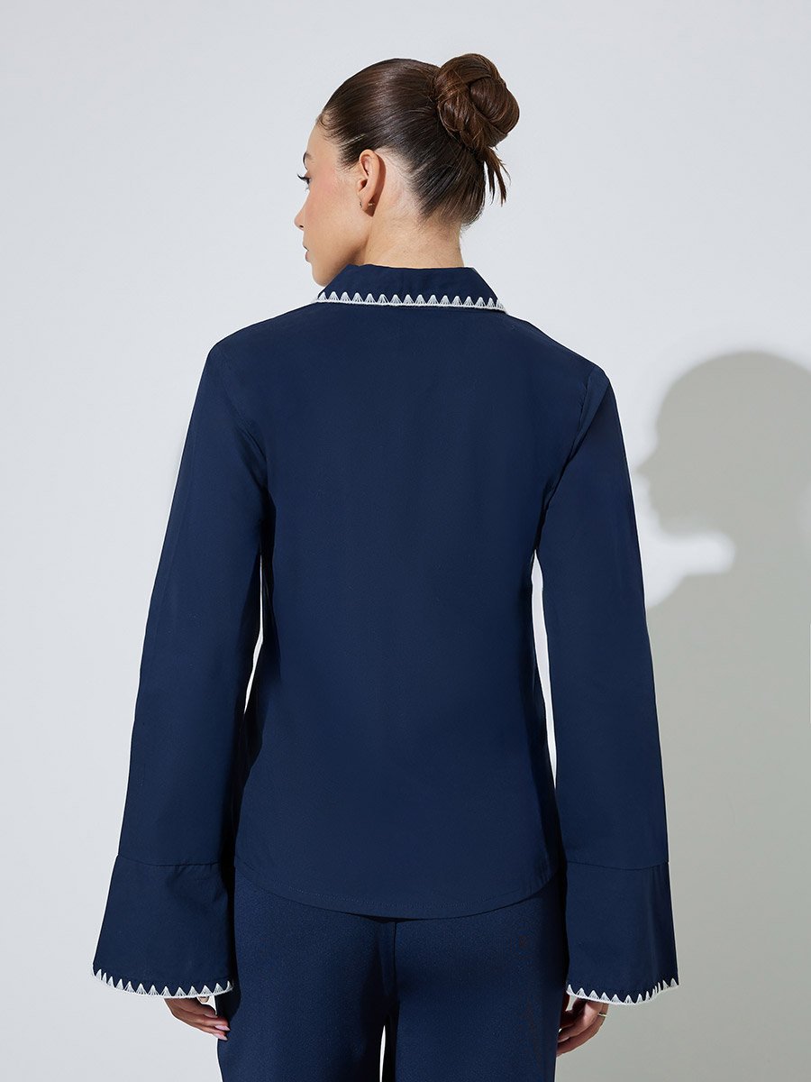 Navy Blue Cotton Fitted Shirt with Contrast Embroidery