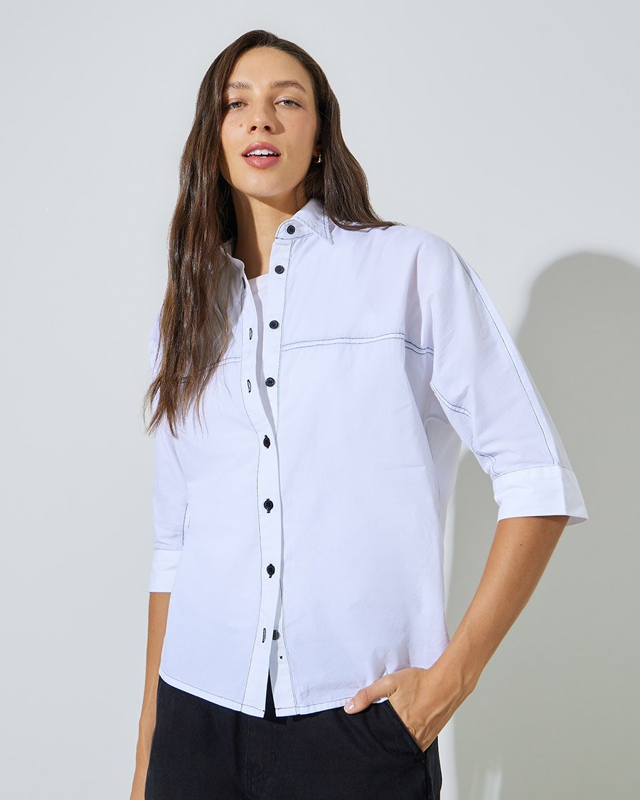 Off White Oversized Shirt with Contrast Stitch