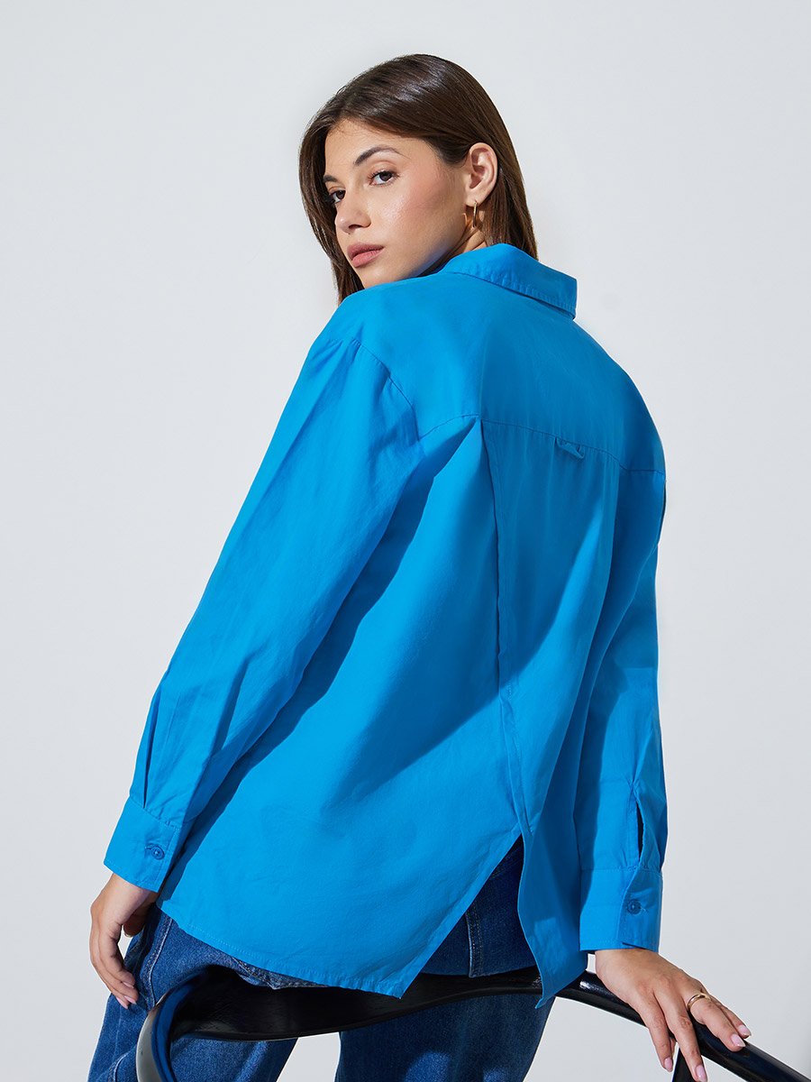 Blue Cotton Oversized Shirt with Split Back Hem