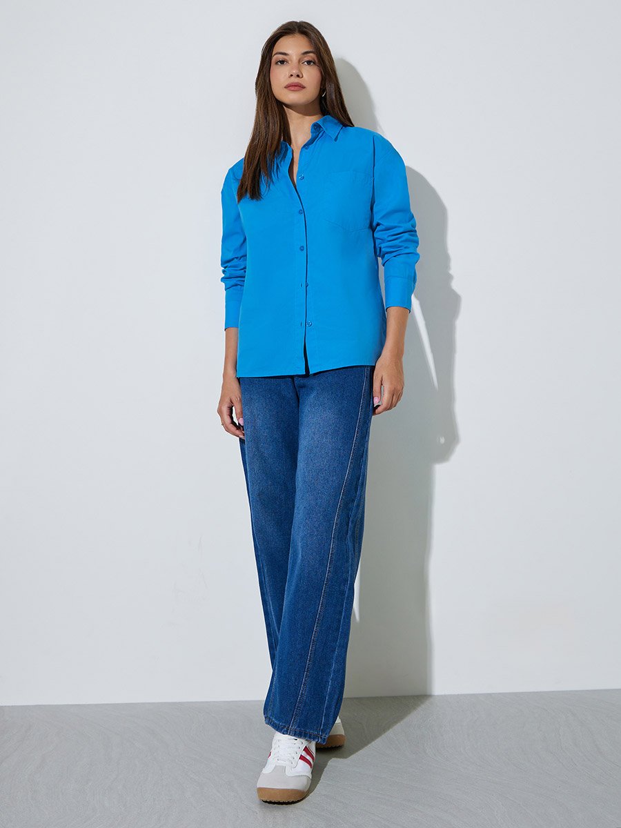 Blue Cotton Oversized Shirt with Split Back Hem