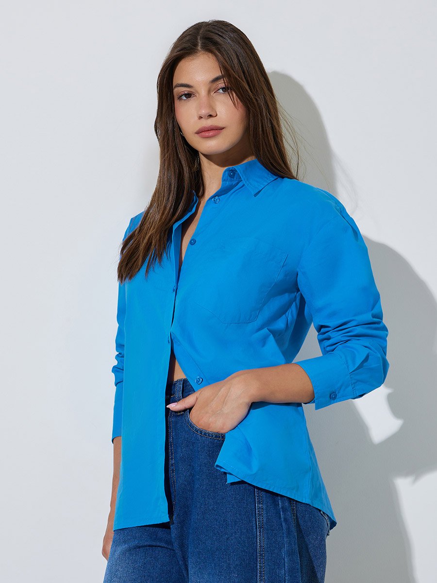 Blue Cotton Oversized Shirt with Split Back Hem