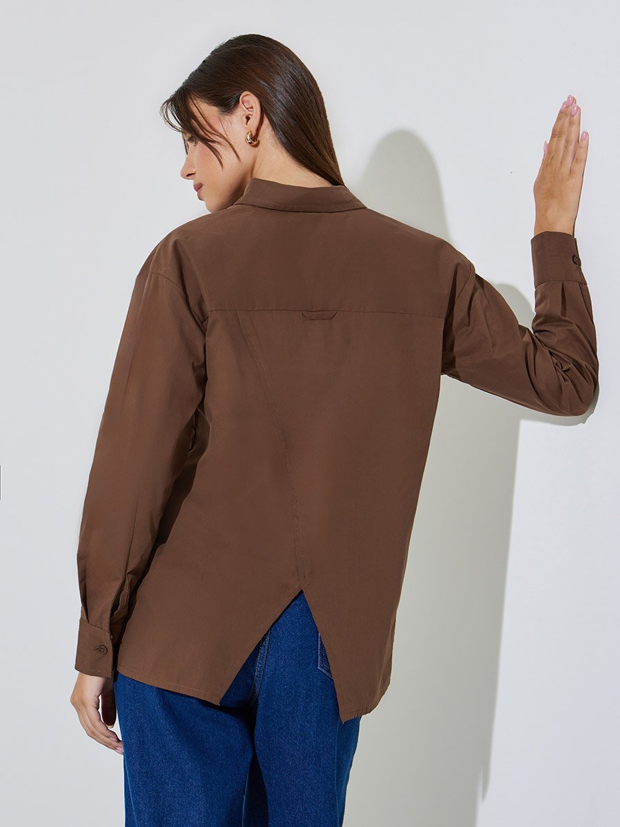 Brown Cotton Oversized Shirt with Split Back Hem