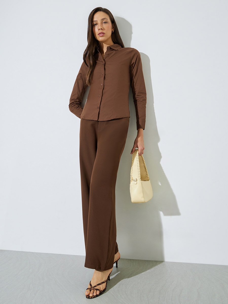 Brown Solid Cotton Slim Fit Shirt