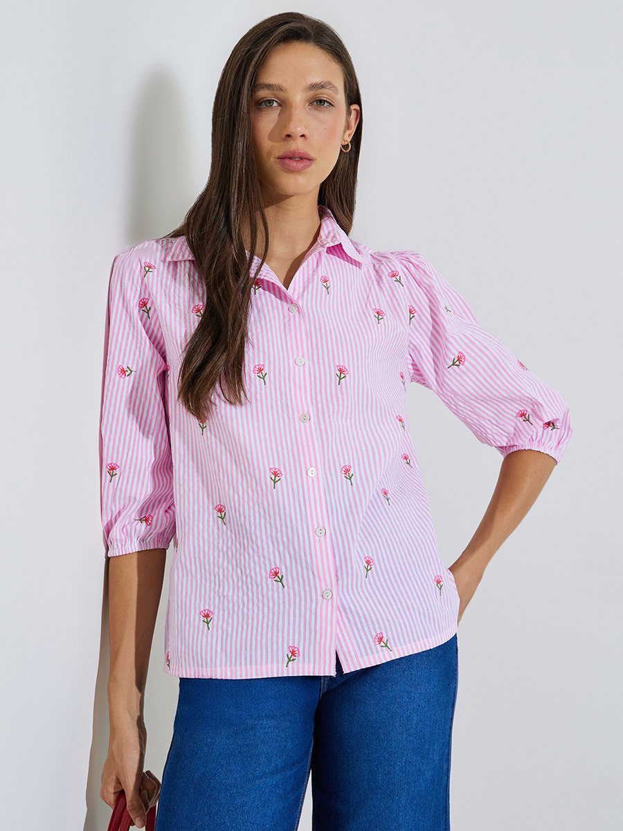 Pink Striped Embroidered Detail Cotton Shirt