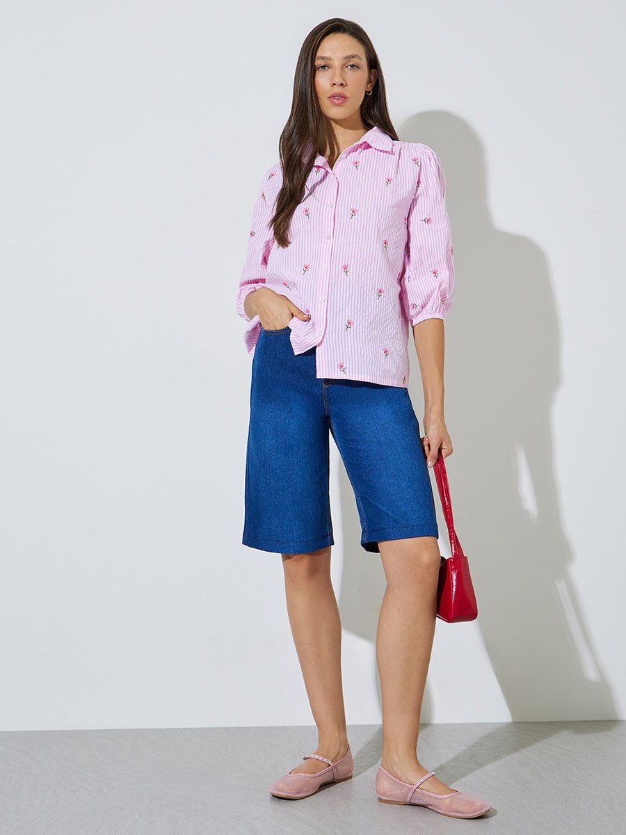 Pink Striped Embroidered Detail Cotton Shirt