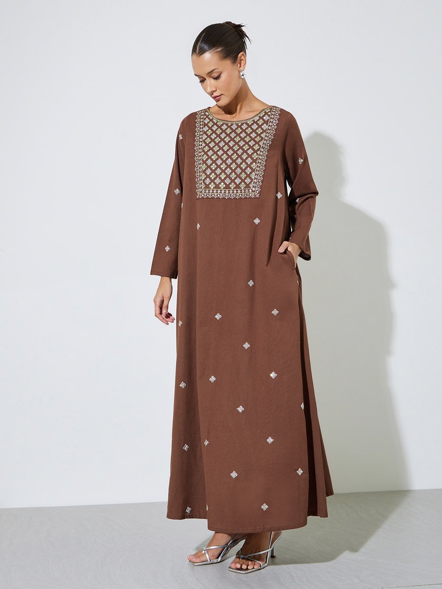 Brown Long Sleeves Embroidered Maxi Jalabiya