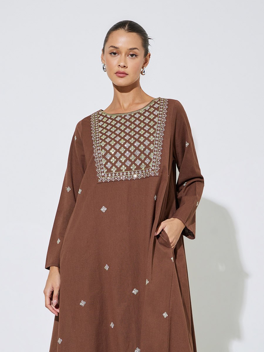 Brown Long Sleeves Embroidered Maxi Jalabiya
