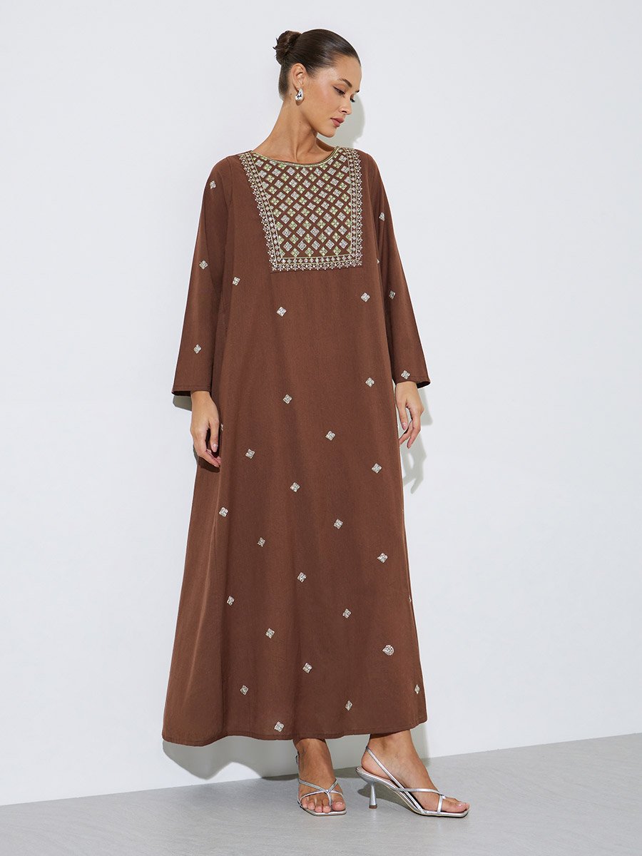 Brown Long Sleeves Embroidered Maxi Jalabiya