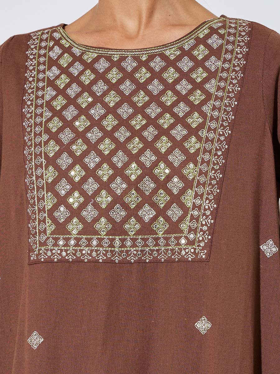 Brown Long Sleeves Embroidered Maxi Jalabiya