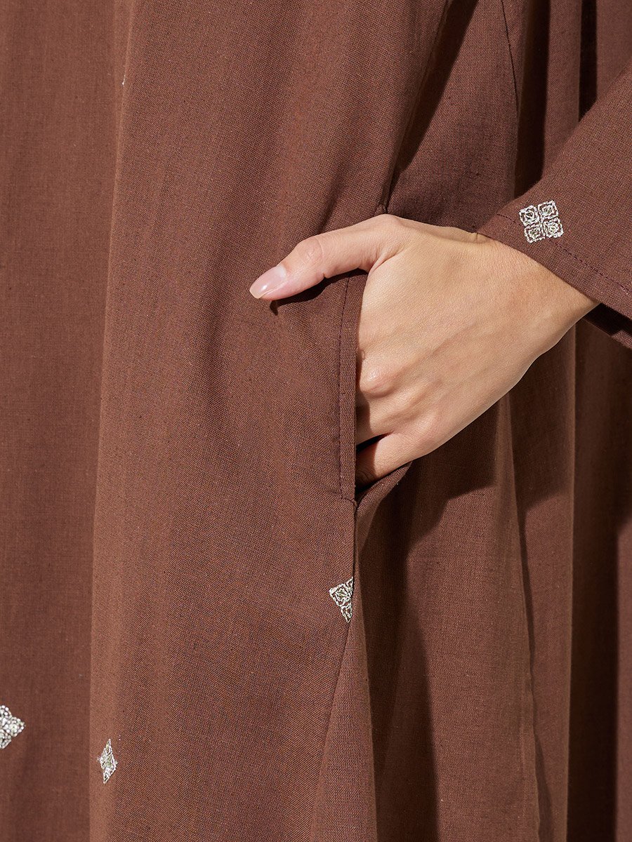 Brown Long Sleeves Embroidered Maxi Jalabiya