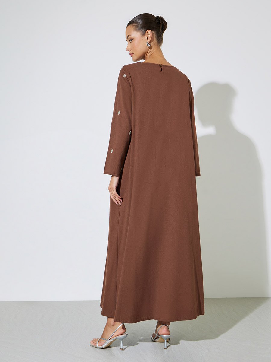 Brown Long Sleeves Embroidered Maxi Jalabiya